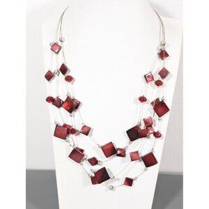 Beachy Boho Wine Red Square Shell Station Multi Wire Bead Necklace Bib 22"